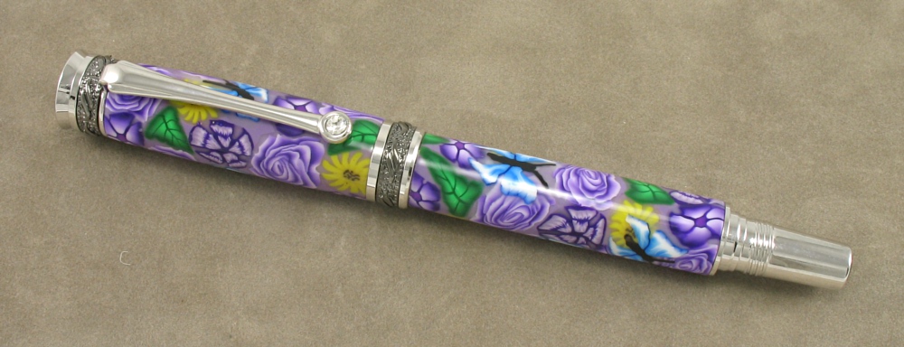 #1284 - Lavender Roses Polymer Clay Rollerball Pen - Click Image to Close